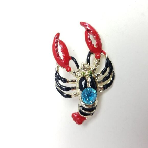 Vintage Lobster Crawfish Enamel Brooch with Blue Rhinestone, Retro Lapel Pin - Picture 5 of 6
